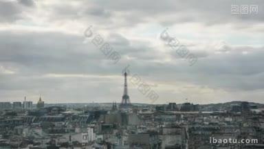 当夜幕降临时，巴黎上空云层堆积的时间间隔镜头